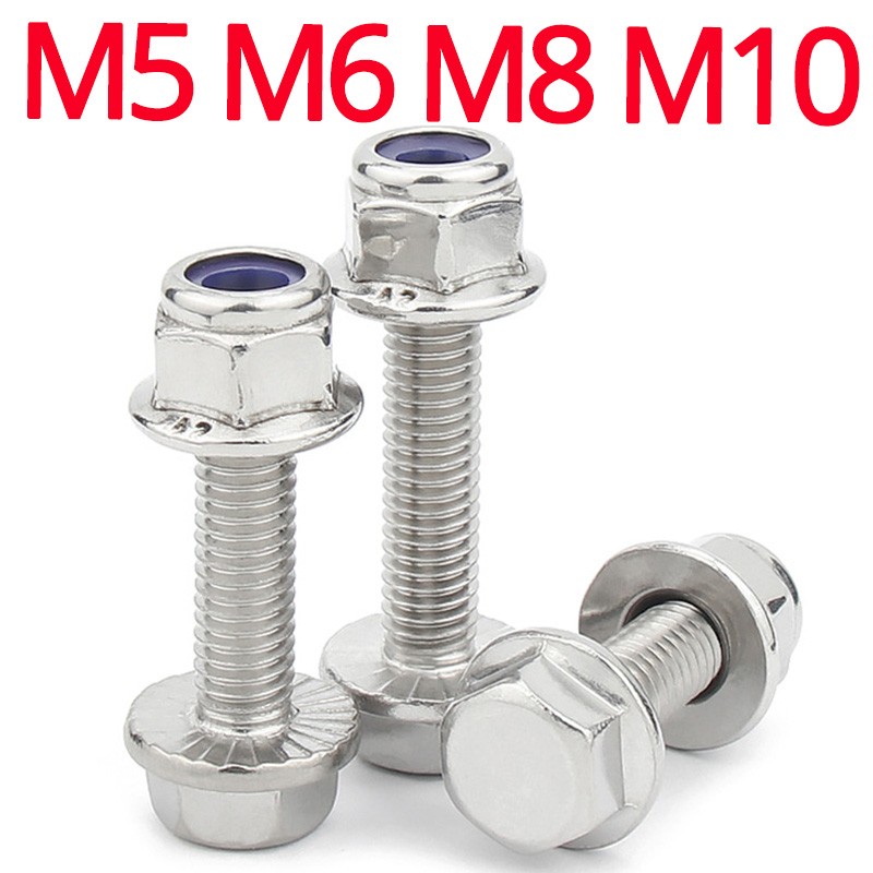 External Hex Bolt M5 M6 M8 M10 304 Stainless Steel Outer Hexagon Flange Screw Anti Slip Flange Nylon Locknut Combination Set