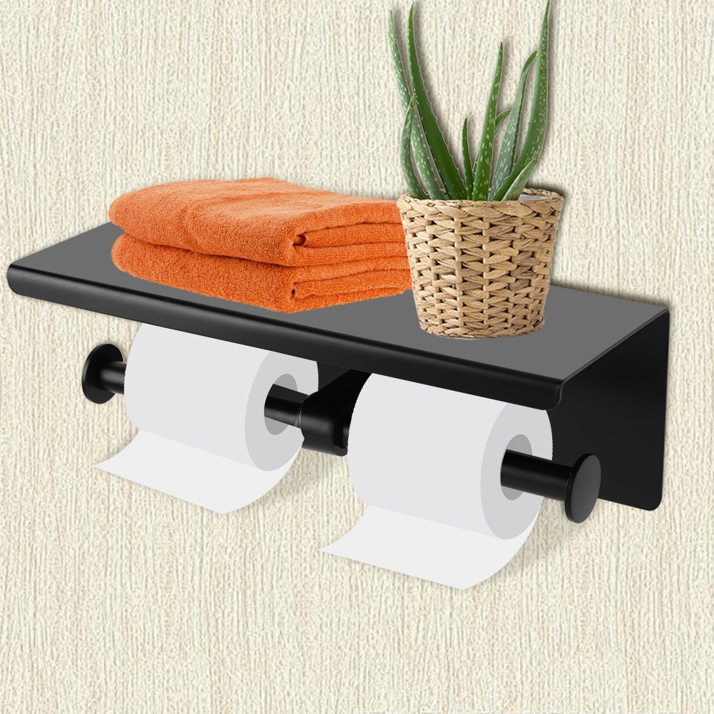 Wall Mounted Black Toilet Paper Holder Stainless Steel Tissue Paper Roll Holder With Mobile Phone Holder