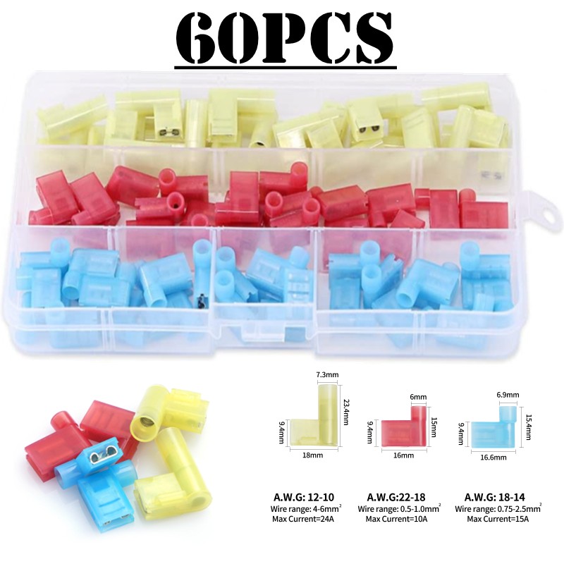 60pcs Fully Insulated Nylon Flag Spade 6.3mm Female Quick Cut Electrical Crimp Terminal Terminals Connector Assortment Set