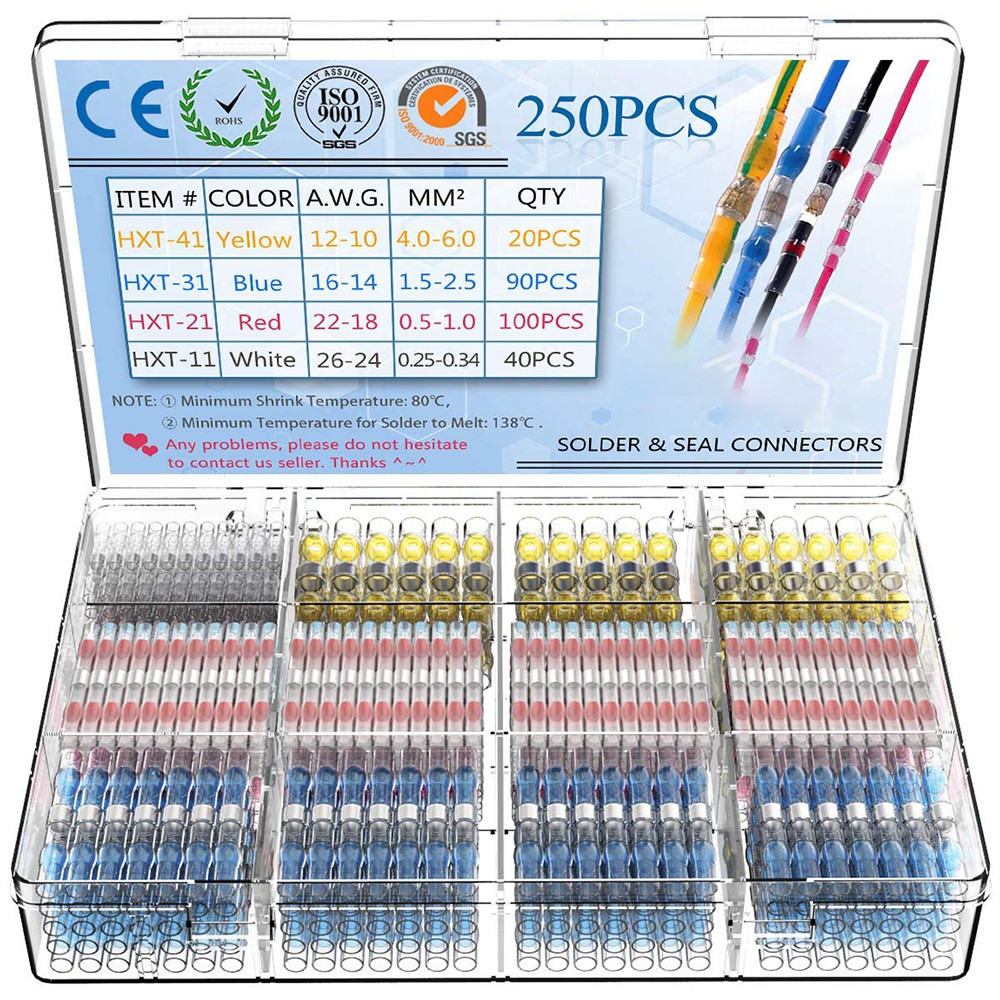 250/100pcs Insulator Welding Wire Connectors - Heat Shrink Welding Butt Connectors - Welding Connecting Kit - Marine Auto Insulated