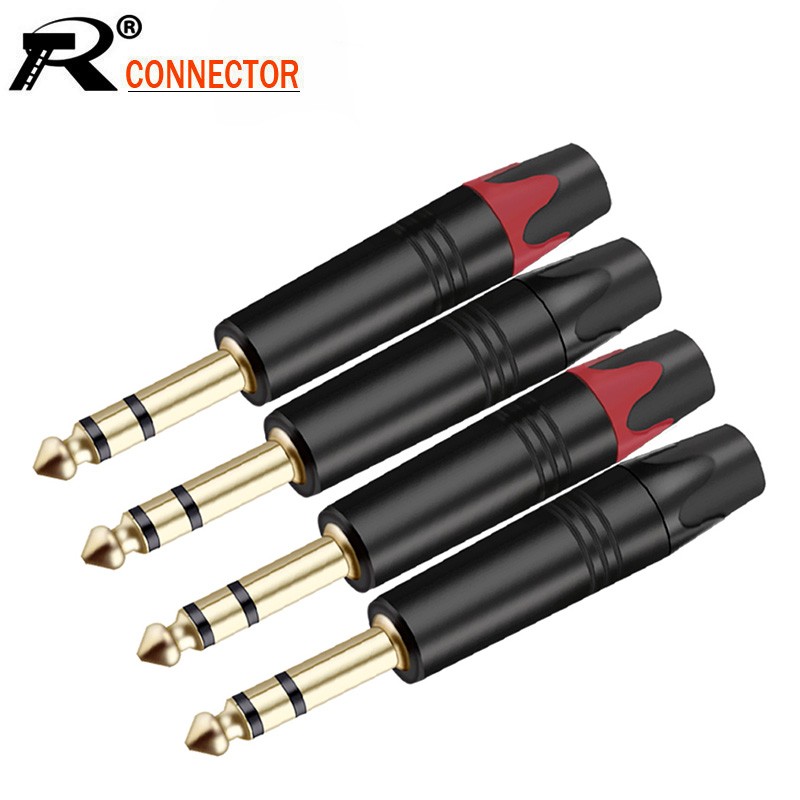 10pcs jack 6.35mm 3polester eo male plug connector tube aluminum copper gold plated 1/4 inch microphone plug audio cable connector