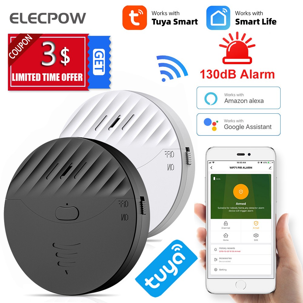 Elecpow Tuya Smart WiFi Door Alarm & Window Vibration Sensing Protection Security Protection Works with Alexa, Google, Smart Life