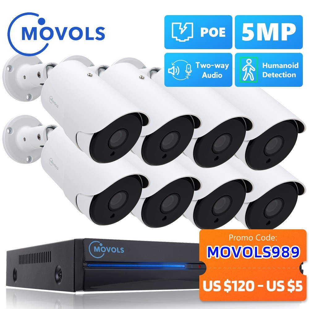 MOVOLS 8CH 5MP POE AI Security Camera System Two Way Audio NVR Kit CCTV Outdoor 5MP IP Camera H.265 P2P Video Surveillance Kit