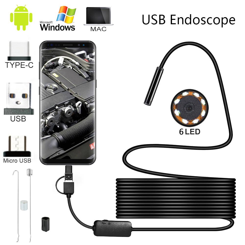 5.5mm Endoscope Camera Flexible IP67 Waterproof Micro USB Inspection Borescope Camera Android Laptop 6 LEDs Adjustable