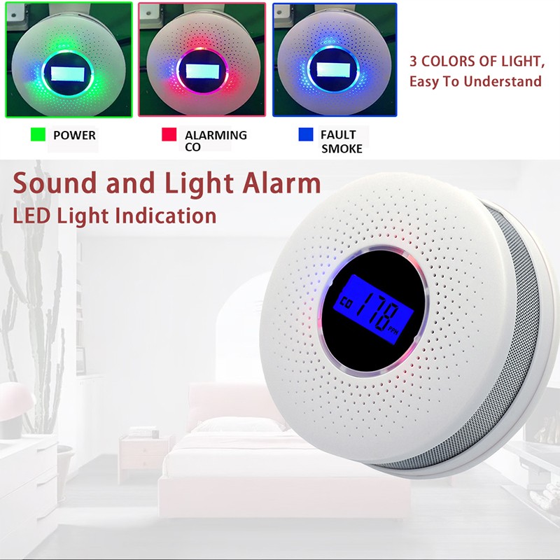 2 in 1 Wireless Carbon Monoxide Detector Smoke Sensors Co-Warner Fire Secor Alarm 85dB Built in Voice Promp Digital LCD Display