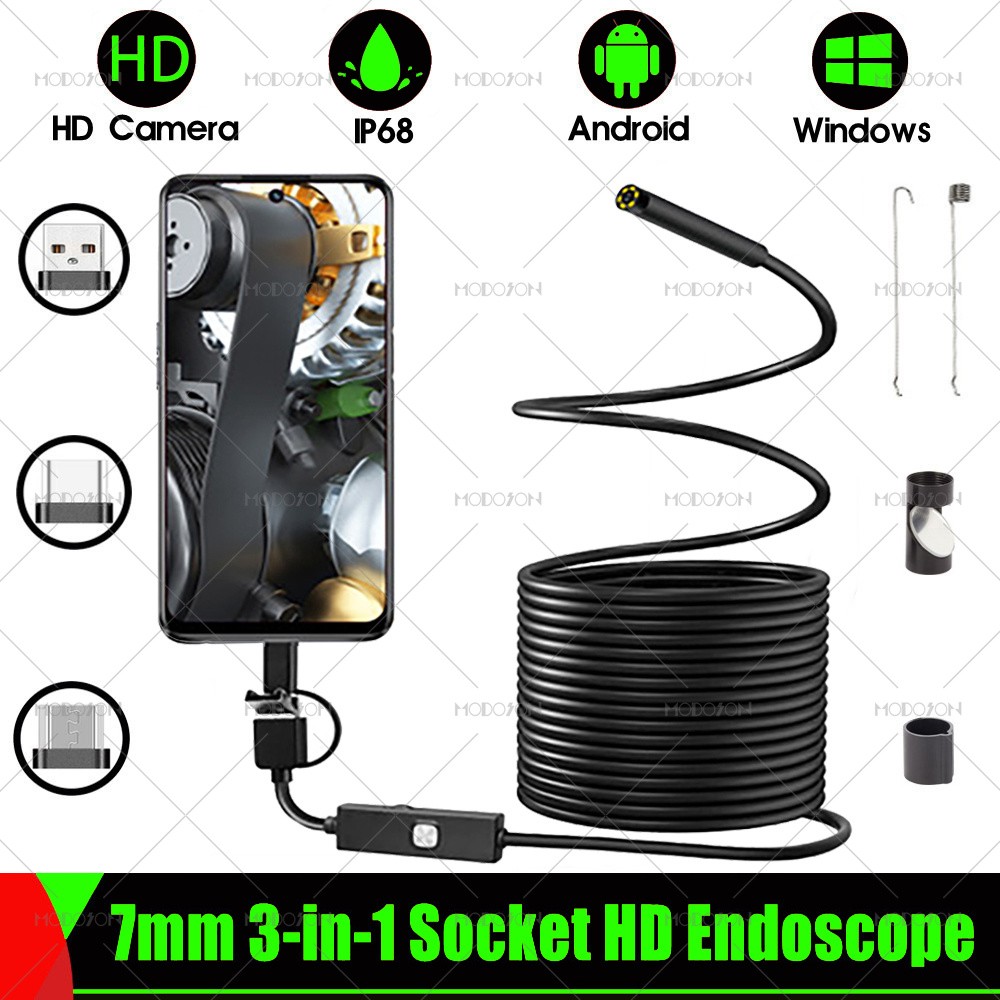 7mm 3 in 1 HD Endoscope Camera Mirco USB Type-C USB Snake Cable Endoscope Waterproof Videoscope Inspection Android PC Borescope