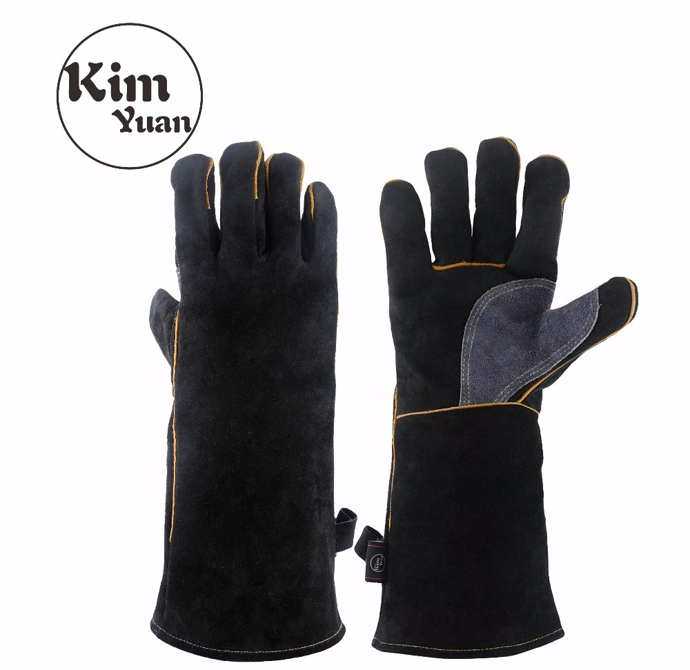 KIMYUAN - Heat Resistant Welding Gloves, 016/017L, Ideal for Cooking, Baking, Stovetop, Animal Handling, BBQ, Black-Grey, 14/16 inch