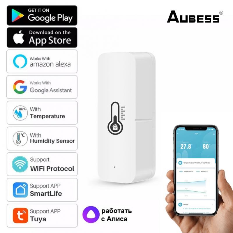 Aubess Tuya Remote Temperature Humidity Sensor by Tuya Smart Life APP Smart Home Battery Powered Alexa Google