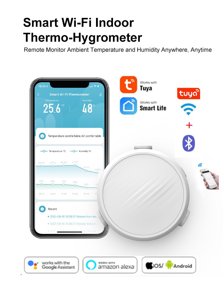 Wireless WiFi Temperature Humidity Sensor Remote Monitoring Alarm Data Logger Indoor Thermometer Hygrometer for Tuya Google Alexa Assistant