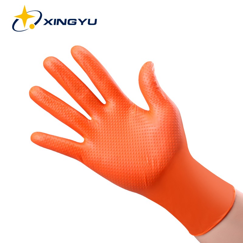 Mechanics Black Nitrile Gloves 50pcs Powder Free Safety Work Gloves Orange Color Synthetic Nitrile Diamond Pattern Gloves