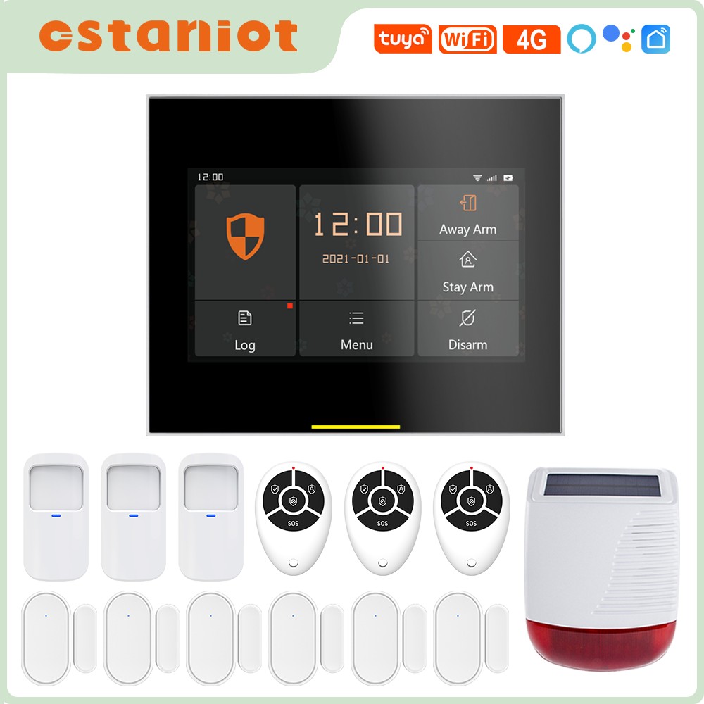 Ostaniot Tuya Smart Wireless WiFi 4G Home Security Alarm System with Solar Siren Compatible with Alexa support IOS and Android，Built-in operation interface in 10 languages，Voice prompts in ten languages