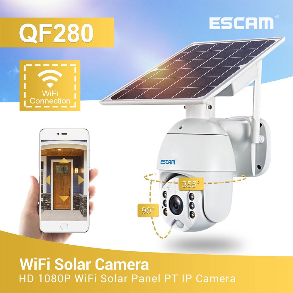 ESCAM QF280 1080p Wifi Version Shell Solar Security Surveillance Camera Waterproof Camera Smart Home Two Way Audio No Battery