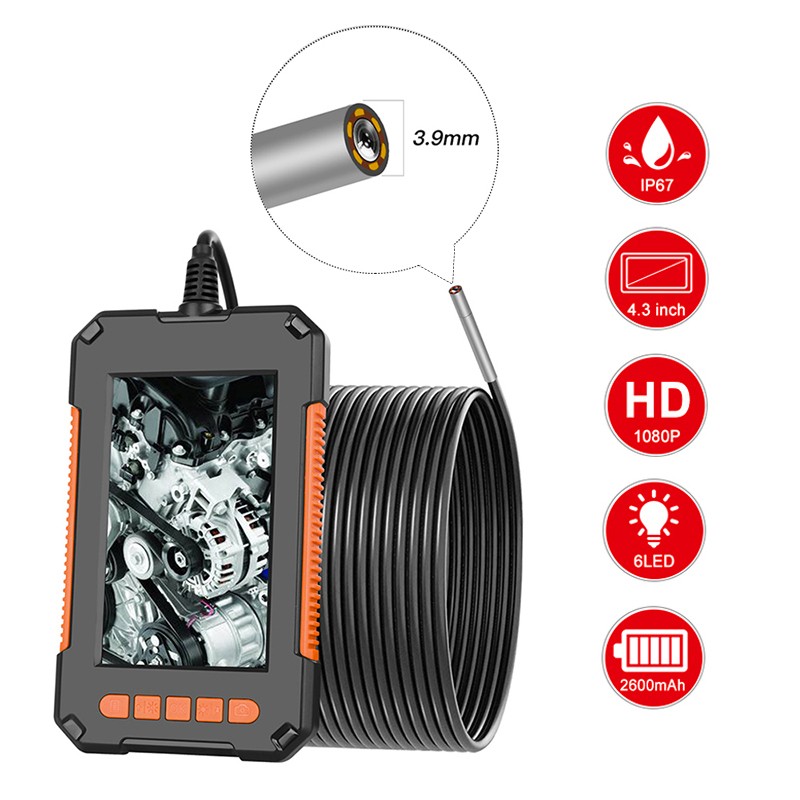 Industrial Endoscope 3.9mm/8mm Borescope Inspection Camera 4.3'' Screen 1080P HD Snake Camera with 6 LED Lights 2600amh Battery