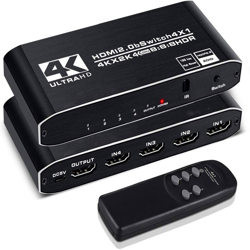 Switch 5 Port HDMI-compati IR Remote Control Switch 4 in 1 Out Switcher 4x1 Selector Support 4K@30Hz Ultra HD 3D