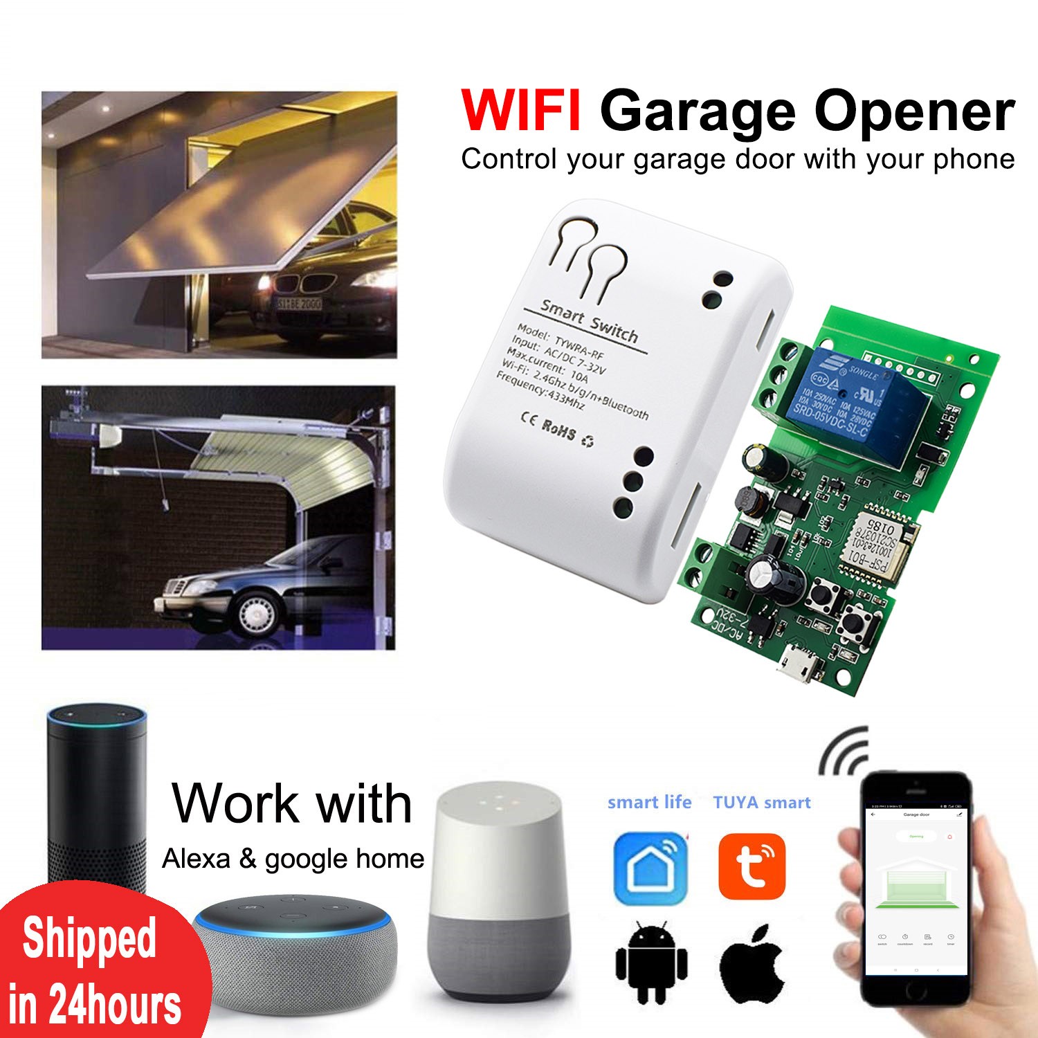 Tuya smart garage door opener wifi RF 433mhz 1ch relay module switch open/close self-timer interlock mode inqing Alexa