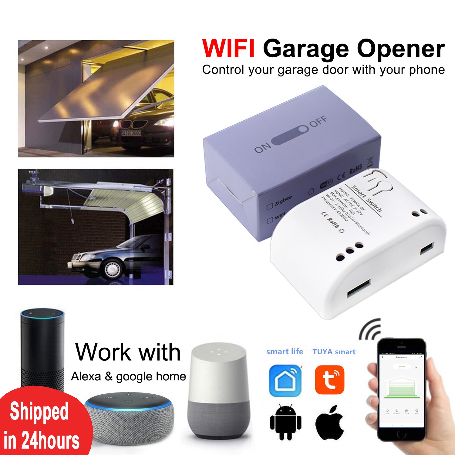 Smart Garage Door Opener Wireless Auto Open WiFi Relay SmartLife Controller Tuya APP Remote Control Alexa Google Home