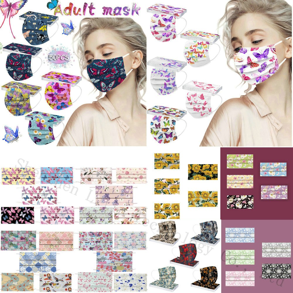 Adult 3 Layer Face Mask Disposable Fashion Butterfly Flower Printed Women Mouth Mascherine Mascarilla Masque