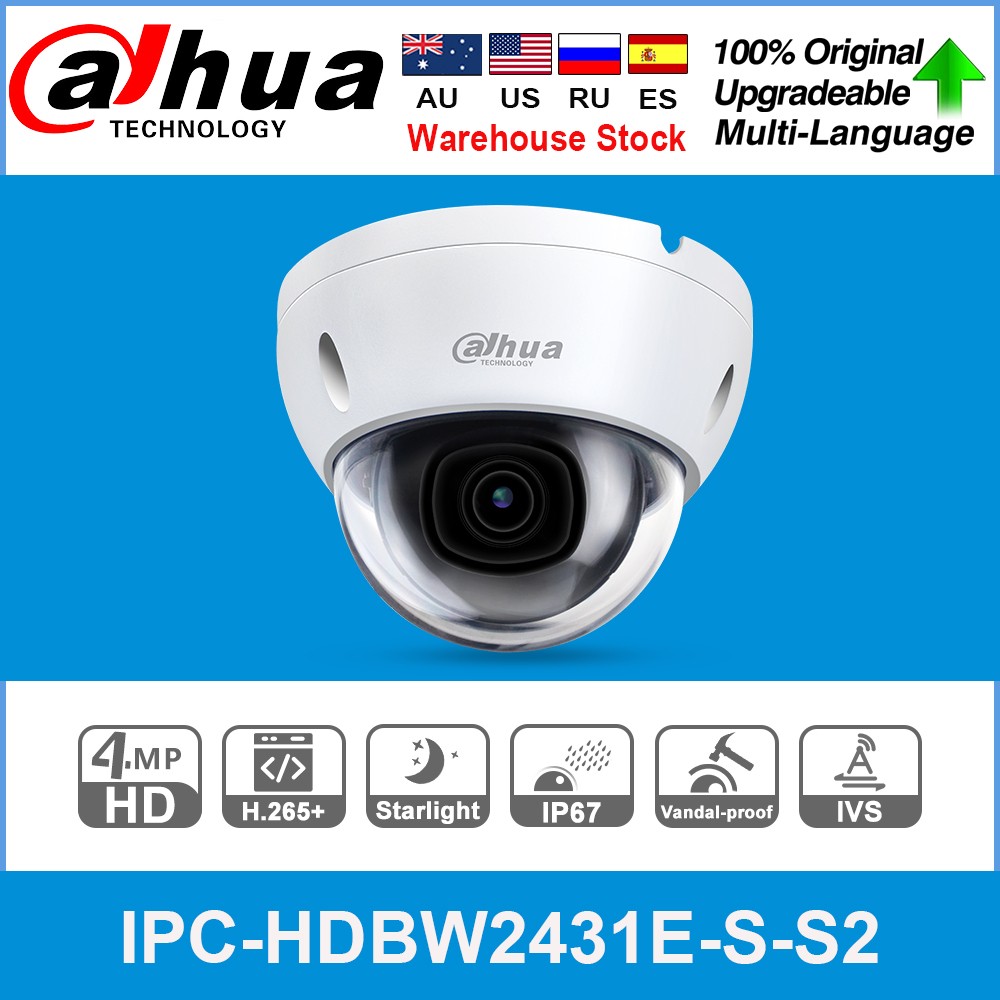 Original Dahua IPC-HDBW2431E-S 4MP HD POE SD Card Slot H.265 IP67 IK10 30M IR Starlight IVS WDR Upgradable Mini Dome IP Camera