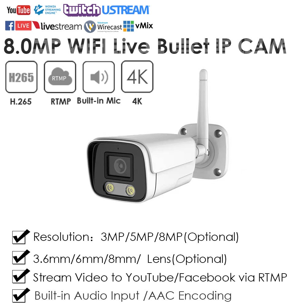 4K 8MP IMX415 WiFi IP Camera Wireless IR/Warm Led Auto Switch Broadcasting Push Video on YouTube/Facebook/Vimeo via RTMP H.265