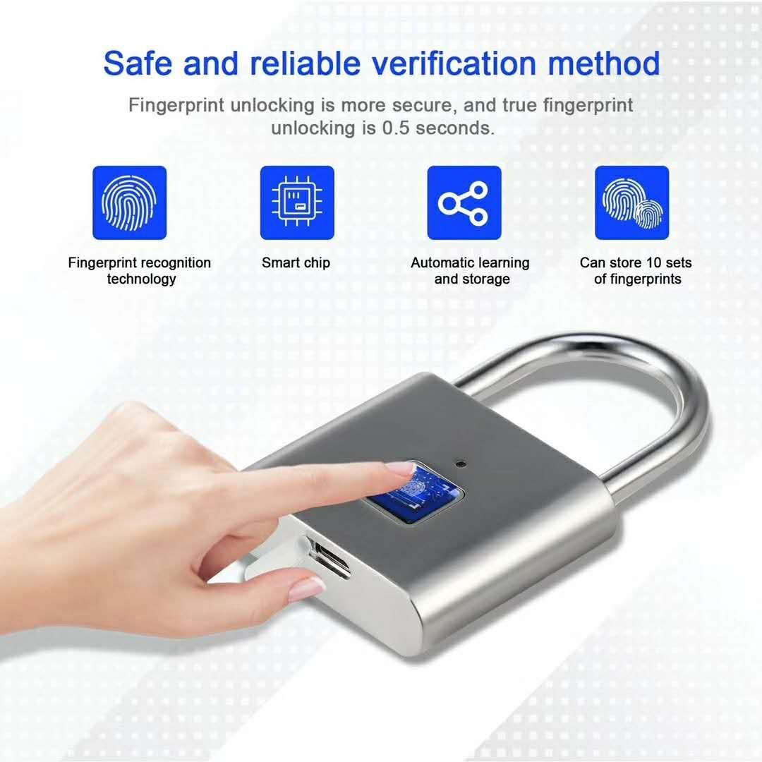 Silver Keyless USB Rechargeable Fingerprint Door Lock Smart Lock Quick Unlock Zinc Alloy Metal Self Developing Chip