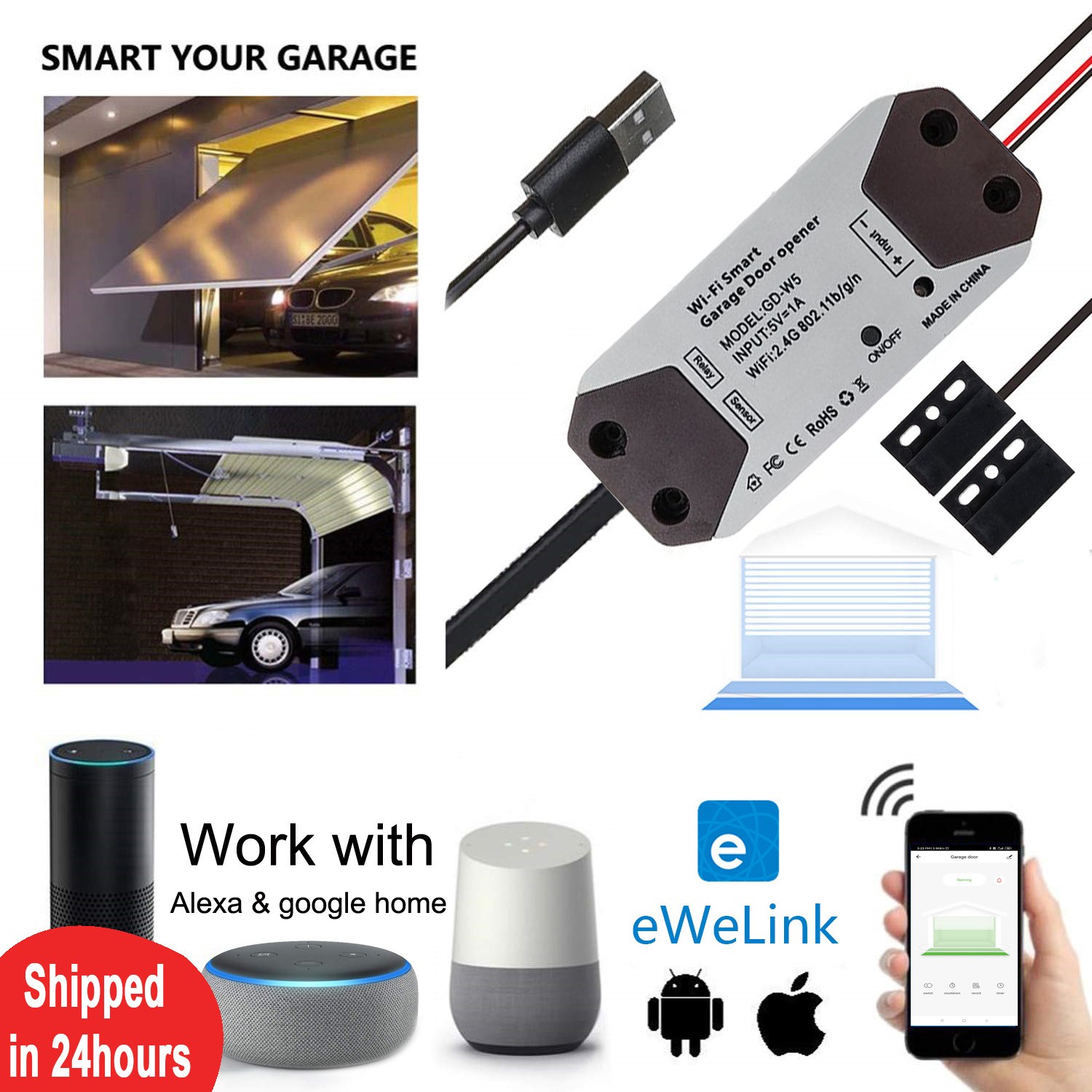 Ewelink garage door sensor opener controller wifi switch support amazon alexa google smart home app