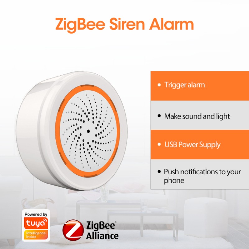 Aubess zigbee alarm tuya smart zigbee siren alarm 90dB light sound sensor for tuya smart life work with zigbee gate