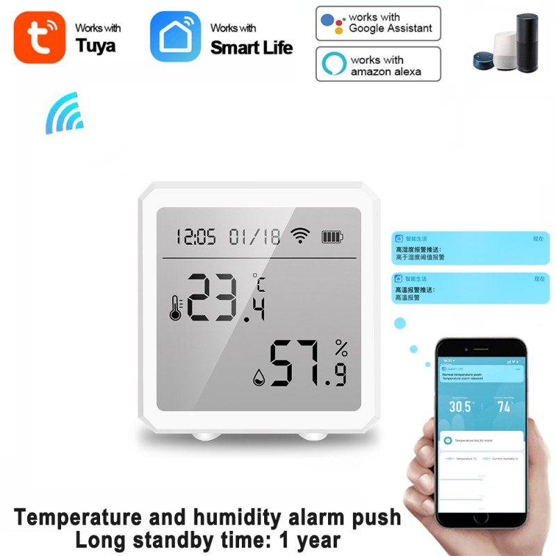 Tuya WiFi Temperature and Humidity Display Sensor Baby Room Temperature and Humidity Monitor Alarm Control Switch for Alexa