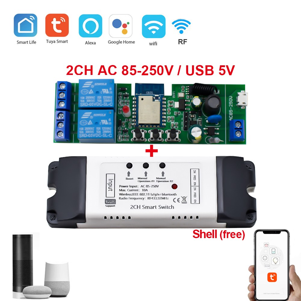 2CH Tuya Wifi التبديل التتابع وحدة فتحت باب المرآب 12 فولت 24 فولت 220 فولت الحياة الذكية لتقوم بها بنفسك المنزل الذكي العمل مع أليكسا جوجل المنزل