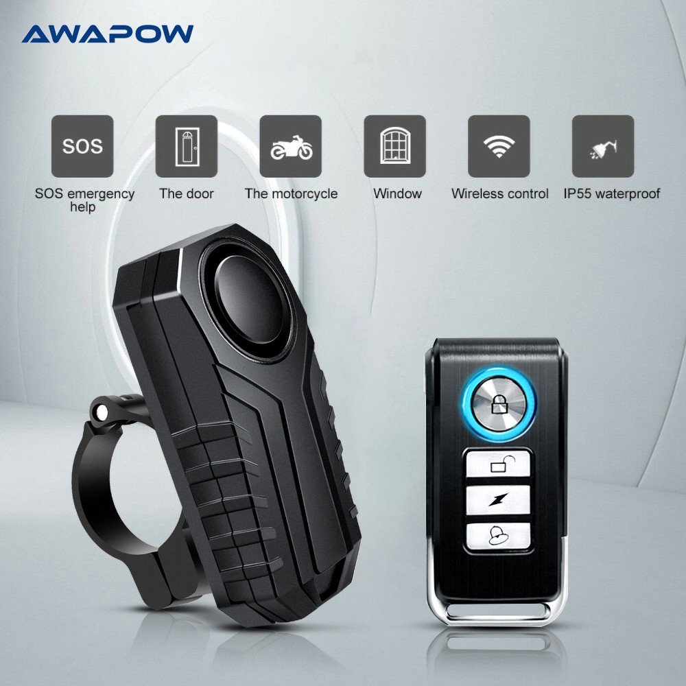 2022 Awapow Anti-theft Bicycle Alarm 113dB Vibration Remote Control Waterproof Alarm With Fixed Buckle Motorcycle Safety