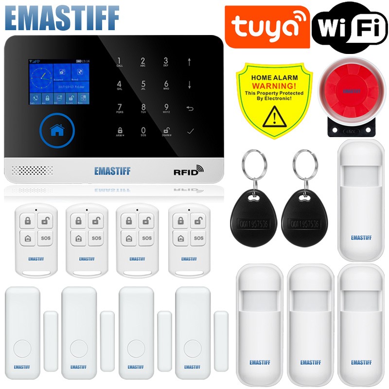 2022 Newest Wireless Home Security Tuya WIFI GSM SIM Card EN RU ES PL DE Switchable Smart Alarm System Tuya APP RFID Remote