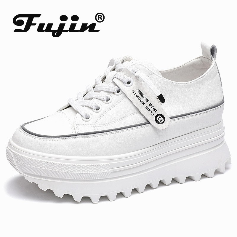 Fujin 5.5cm Genuine Leather Platform Chunky Wedge Shoes Sneaker White Casual Shoes Comfortable Breathable Spring Autumn Shoes