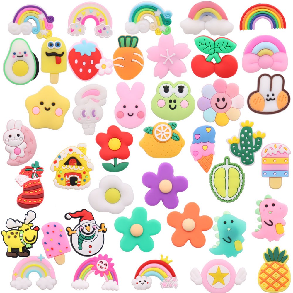 Wholesale 50pcs Animal Fruit Rainbow Kids Shoe Accessories Buckle Garden Shoe Decorations Fit Croc Jibz Ornament X-mas Gifts