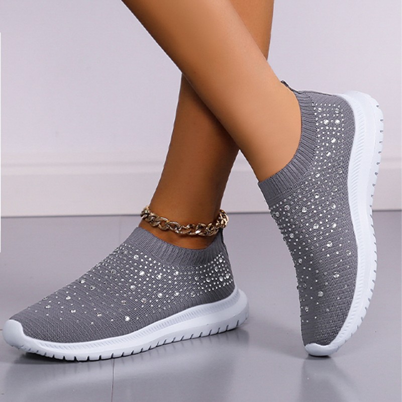 Lucifer Shiny Crystal Knitted Sneakers Women 2022 Spring Breathable Mesh Flats Woman Plus Size Slip On Running Shoes Casual Shoes 43