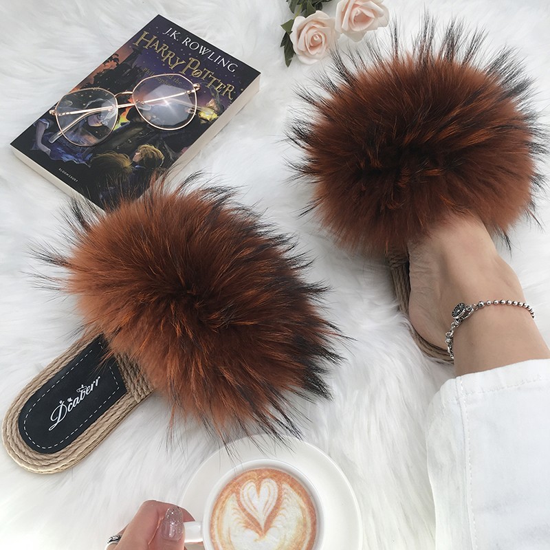 Real Fox Fur Slides Summer Women Faux Espadrilles Slippers Ladies Fluffy Flip Flops Luxury Furry Sandals Shoes 36 37 38 39 40