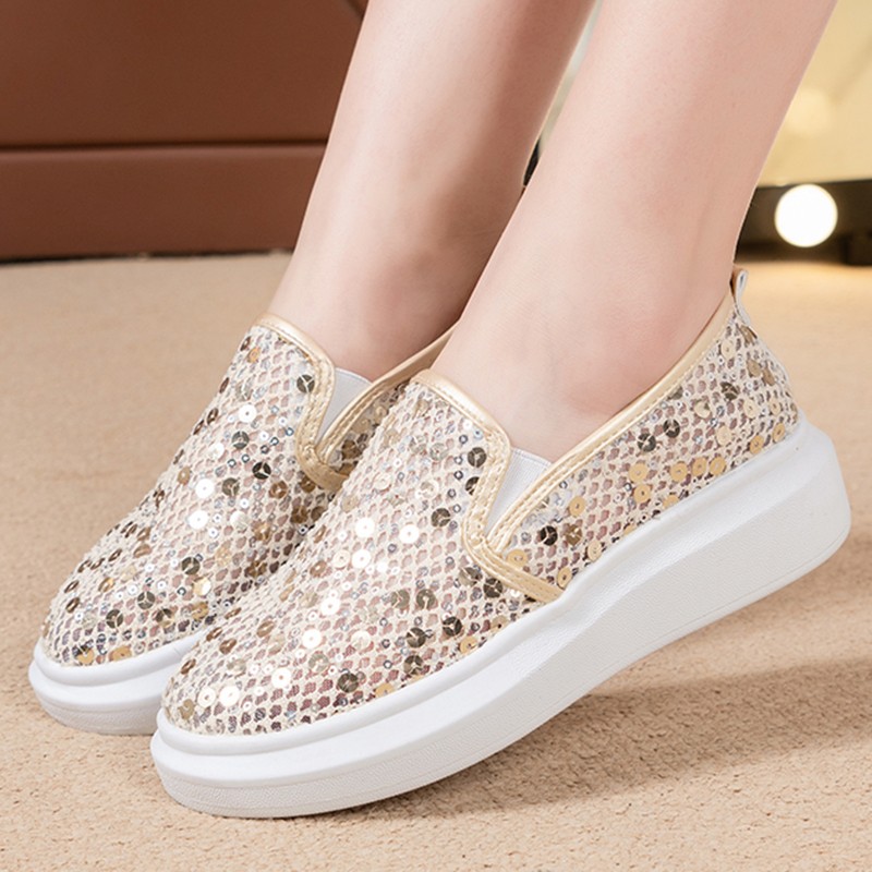 Rimocy Women's Gold Silver Embroidery Loafers 2022 Summer Slip On Casual Shoes Mesh Breathable Mesh Casual Shoes Thick Sole