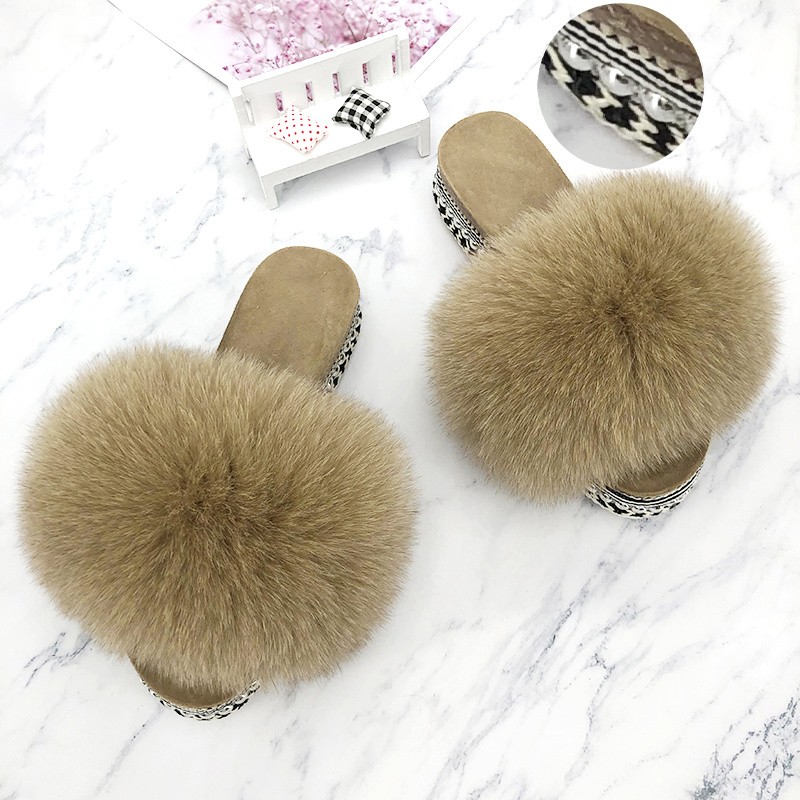 Fur Slides Summer Rivets Platform Sandals Ladies Sandals Outdoor Real Fur Ladies Heels Shoes 2021 New Fluffy Slippers Flip Flops