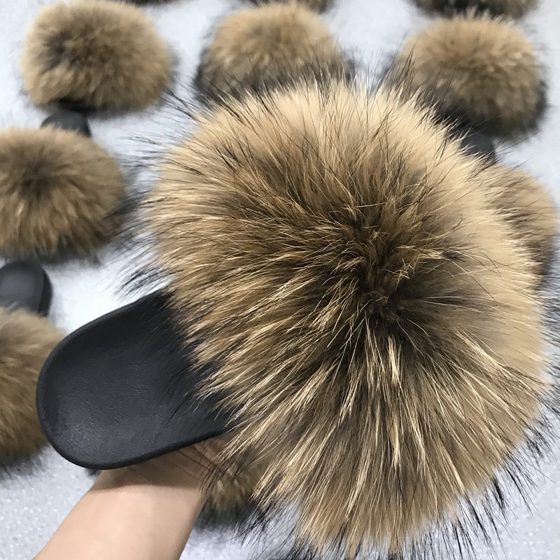 Genuine Fluffy Fur Slippers Women Summer Indoor Flip Flops Fur Sandals Slides Ladies Home Furry Plush Shoes Woman Fur Slides