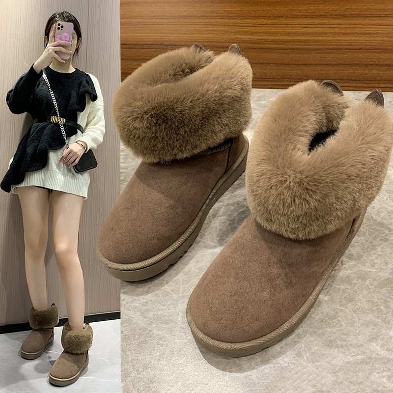 2022 Autumn Winter New Snow Cotton Shoes Cuffs Flat Bottom Short Boots Big Fur Black Warm Velvet Women Boots