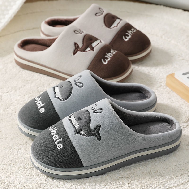 Winter Cotton Slippers Catroon Dolphin Home Indoor Slippers Plush Feleece Non-slip Winter Warm Slippers Comfortable Women Shoes Gray