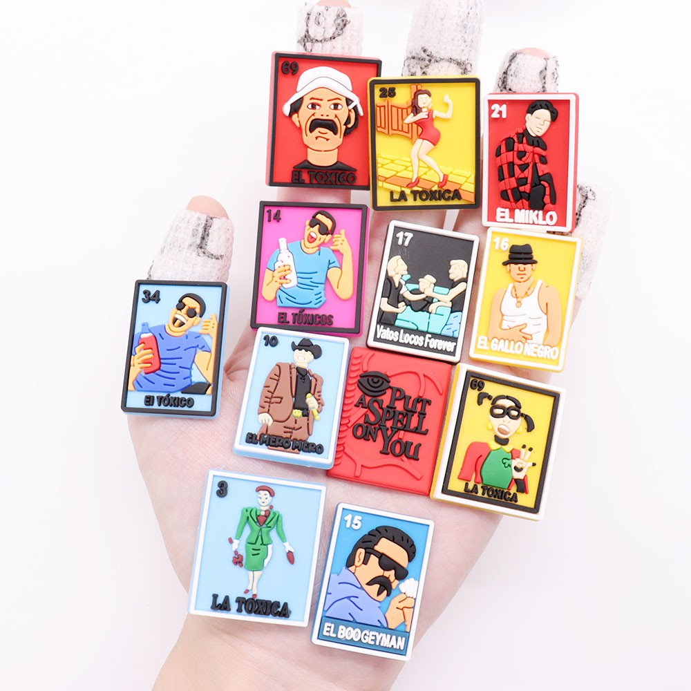 50pcs Mexican Cartoon Cards Shoe Charms Miklo Toxico La Toxica Gallo Negro Miro DIY Wristbands Croc Jibz Buckle Shoe Decoration