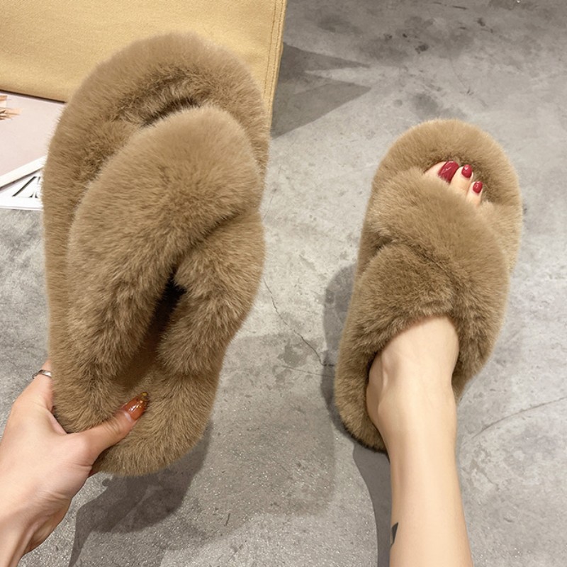 Furry Slippers Fur Slides For Women Faux Fur Sliders Out Keep Warm Shoes Woman Strap Shoes Female Casual Flat Home Shoes