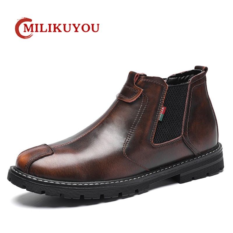 High Quality Men's Leather Chelsea Boots Men's Fashion Rubber Shoesr Non-slip Sole Autumn Casual Shoes Stretch 2021 Spring