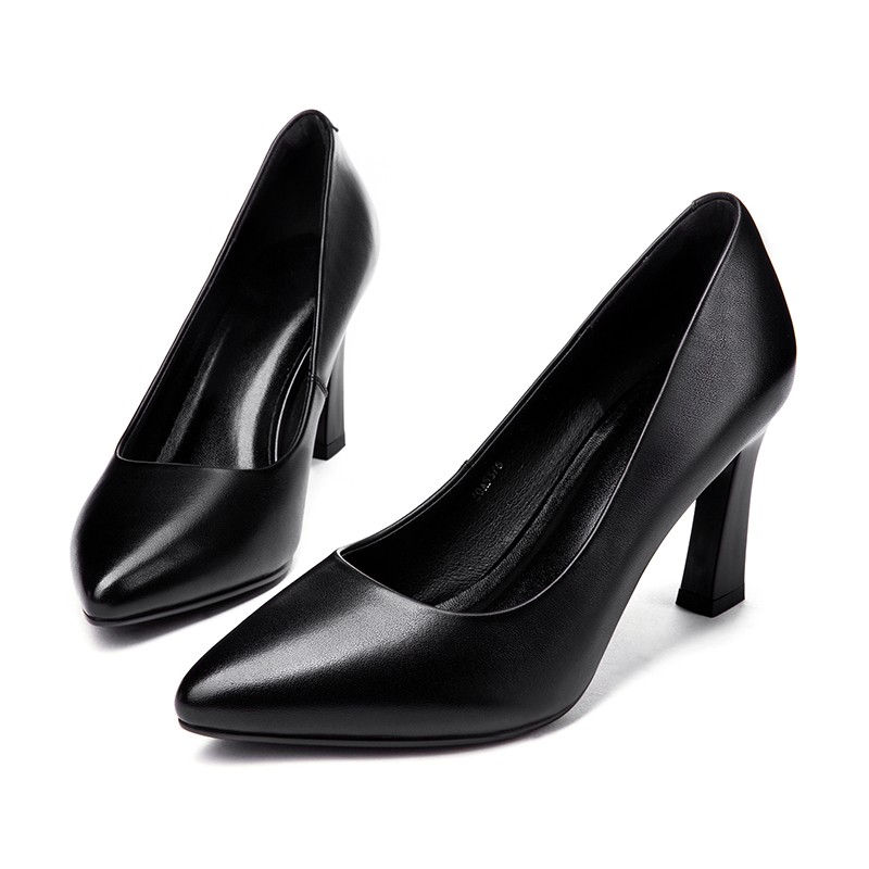 Plus Size Genuine Leather Basic Pumps Women Office Dress Work Shoes Black 2022 Spring Autumn Square High Heels Ladies A0003