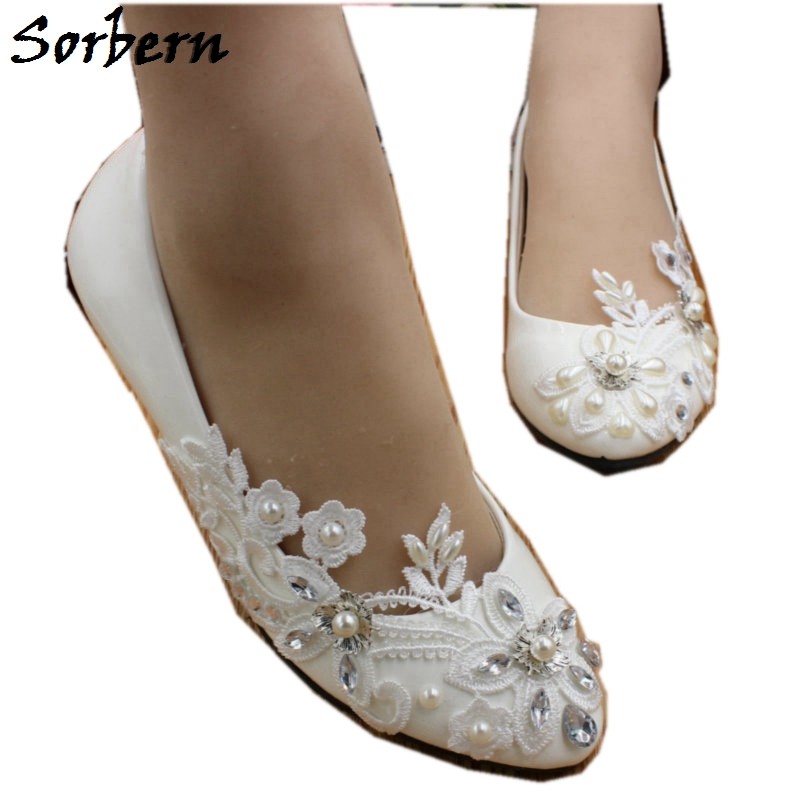 Sorbern Asymmetric Crystal Wedding Shoes Lace Appliques White Bridal Shoes Flat Heels Trendy Heels Closed Toe Heels Flat Shoes