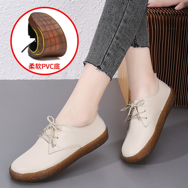 Loafers Ladies Genuine Leather Spring New Lace-up White Shoes Women Fashion Casual Soft Sole Flat Shoes Women Ballet Flats