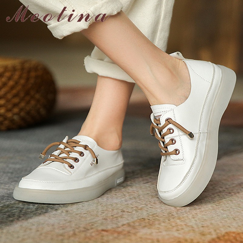 Meotina Genuine Leather Flat Shoes Women Casual Shoes Lace Up Platform Round Toe Fashion Women's Shoes Spring Autumn Brown 40