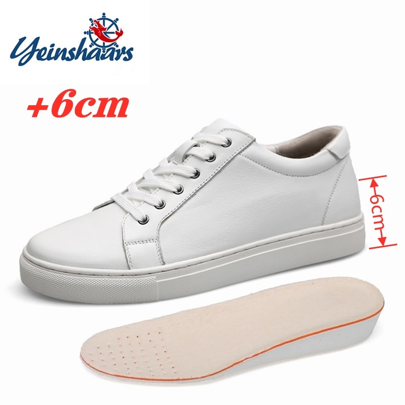 White Genuine Leather Shoes Men Sneakers Man Elevator Shoes Height Increasing Insoles High Heel Shoes 5-6cm Tall Shoes