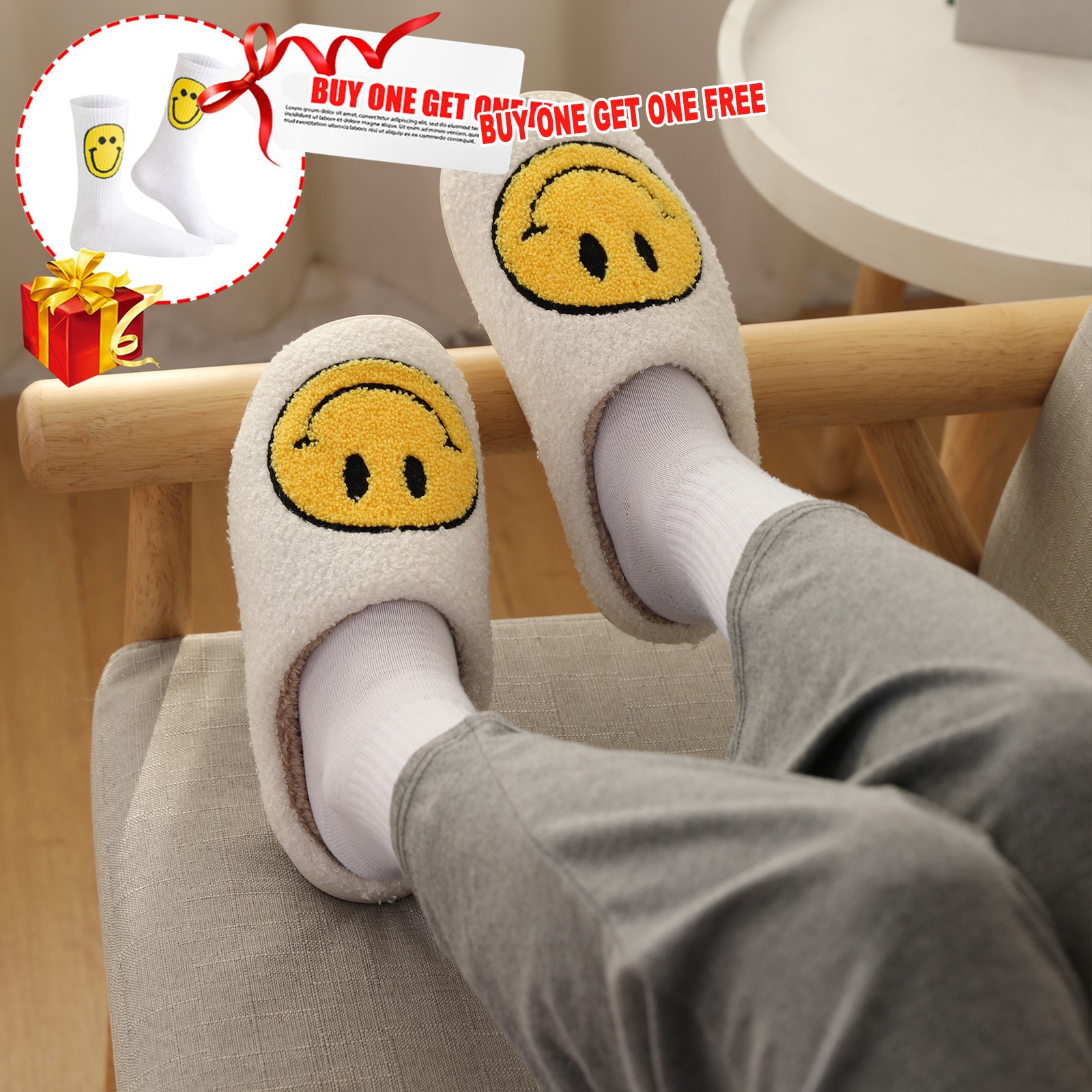 Winter Women Slippers Fluffy Smiley Face Slippers Fur Warm Couple Cotton Shoes Home Indoor Thick-soled Non-slip Floor Shoes 2022