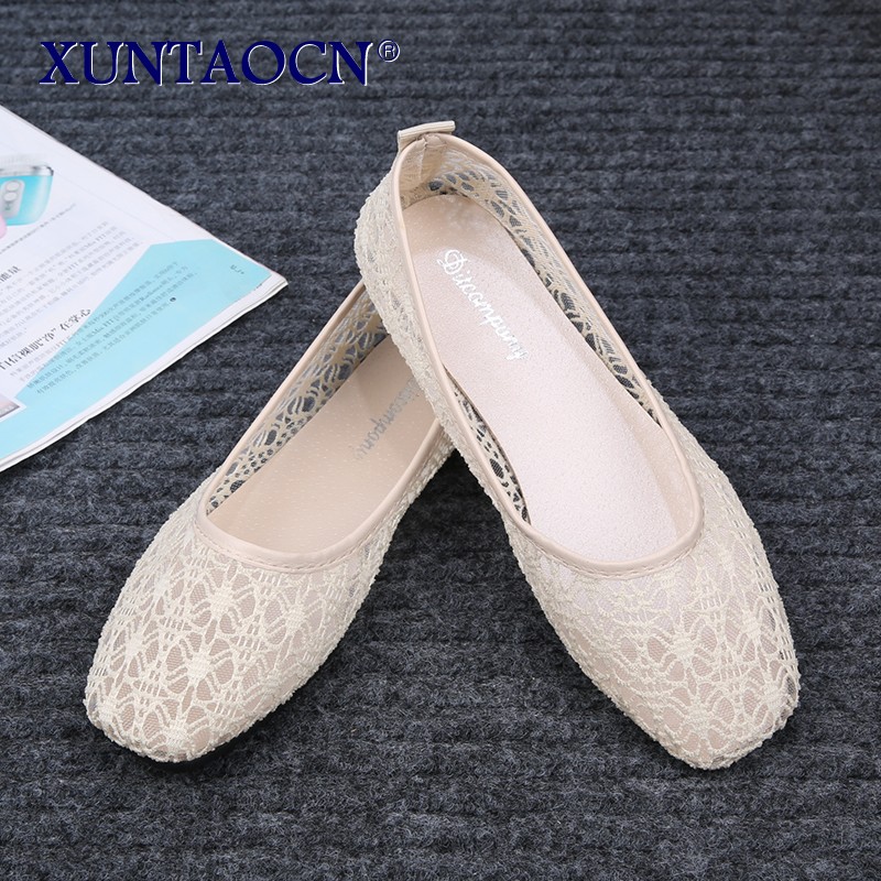 Women Transparent Lace Soft Flats Ladies Square Toe Sexy Black Boat Shoes Summer Breathable Beige Non-slip Flat Shoes 35-40