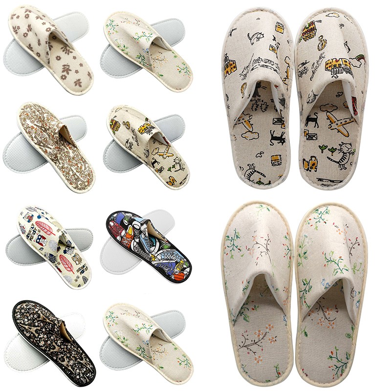 Hotel Travel Spa Disposable Slippers Cute Printed Linen Guest Slippers Home Room New Beauty Salon Slippers Women Slippers Hot